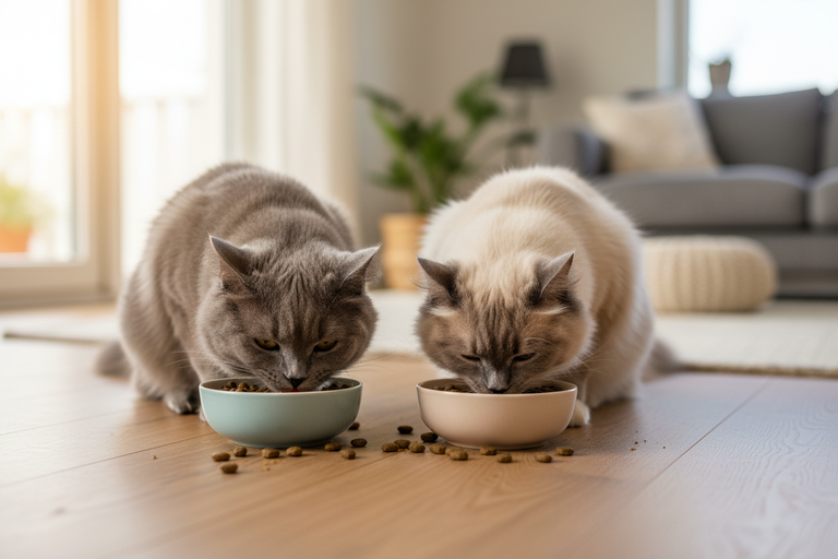 British Shorthair und Ragdoll fressen begeistert Kallisbest Trockenfutter aus Napf