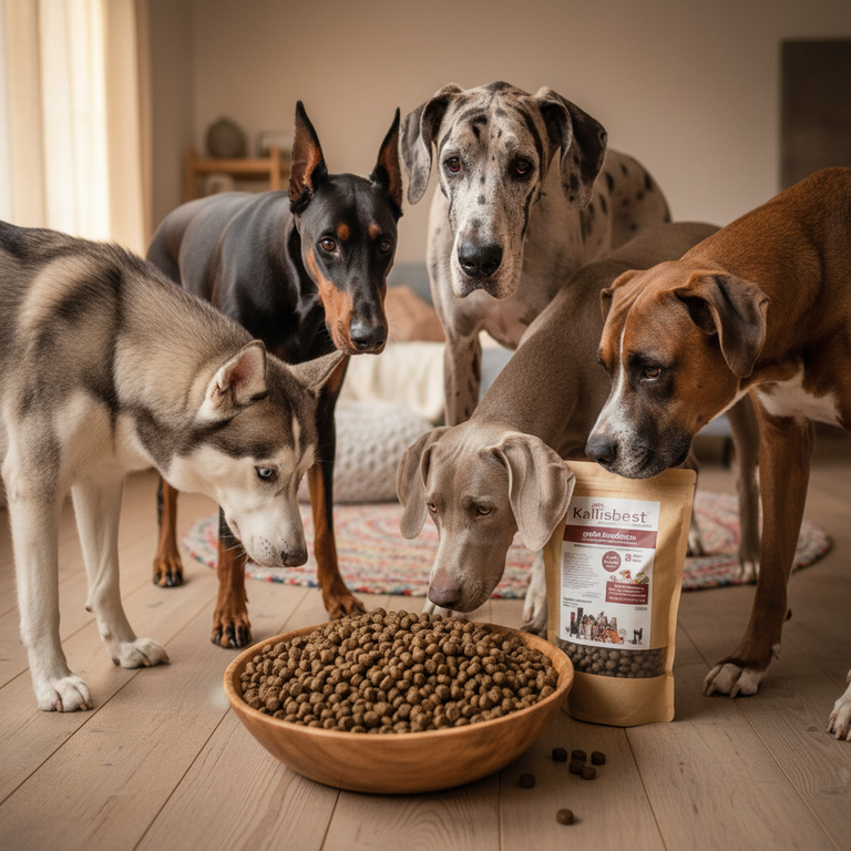 Probierpaket Hund große Kroketten – Große Hunderassen indoor um Napf versammelt - Kallisbest