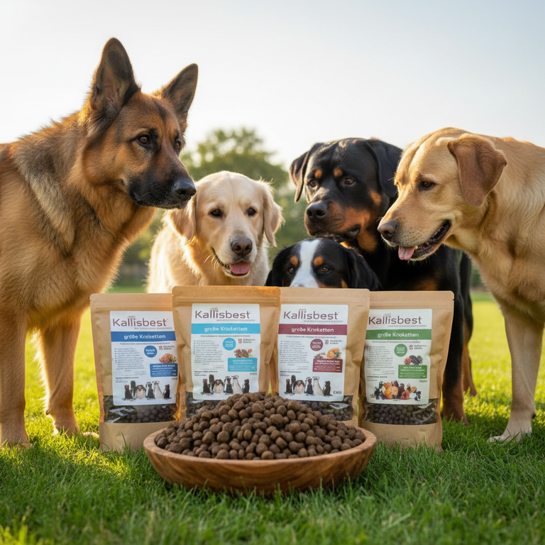 Probierpaket Hund große Kroketten – Große Hunderassen outdoor um Napf versammelt - Kallisbest