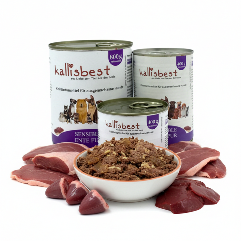 Entenfleisch pur – Kallisbest Originaldosen mit frischen Enten-Rohzutaten