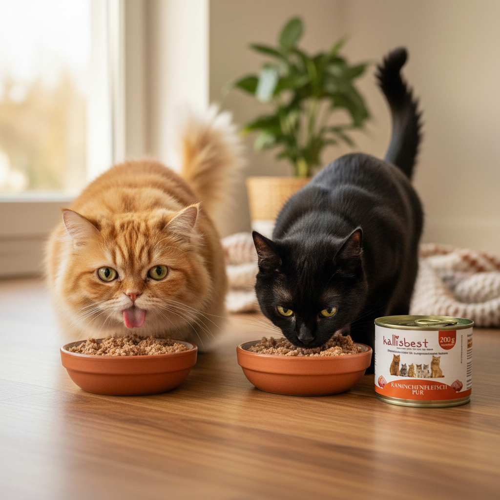 Katzen fressen genüsslich Kallisbest Kaninchen pur