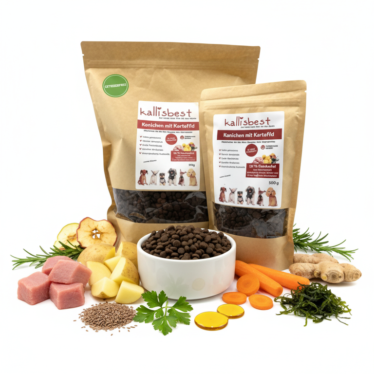 Kaninchen mit Kartoffel Mini Rassen – Verpackung mit Napf, Getreidefrei-Badge und natürlichen Zutaten - Kallisbest