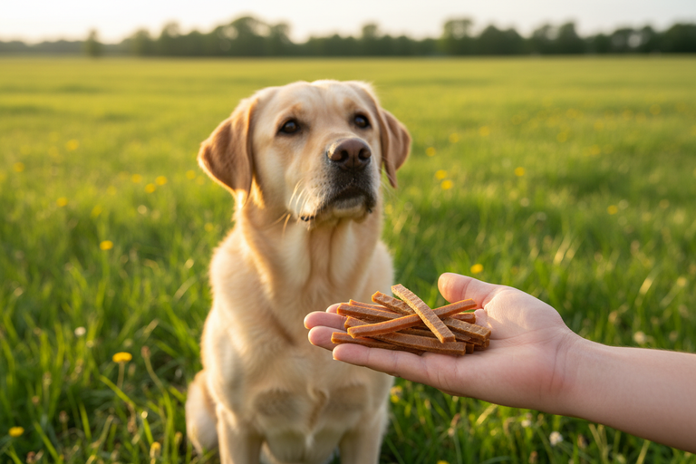 Labrador bekommt Entenfiletstreifen in der Natur – Kallisbest