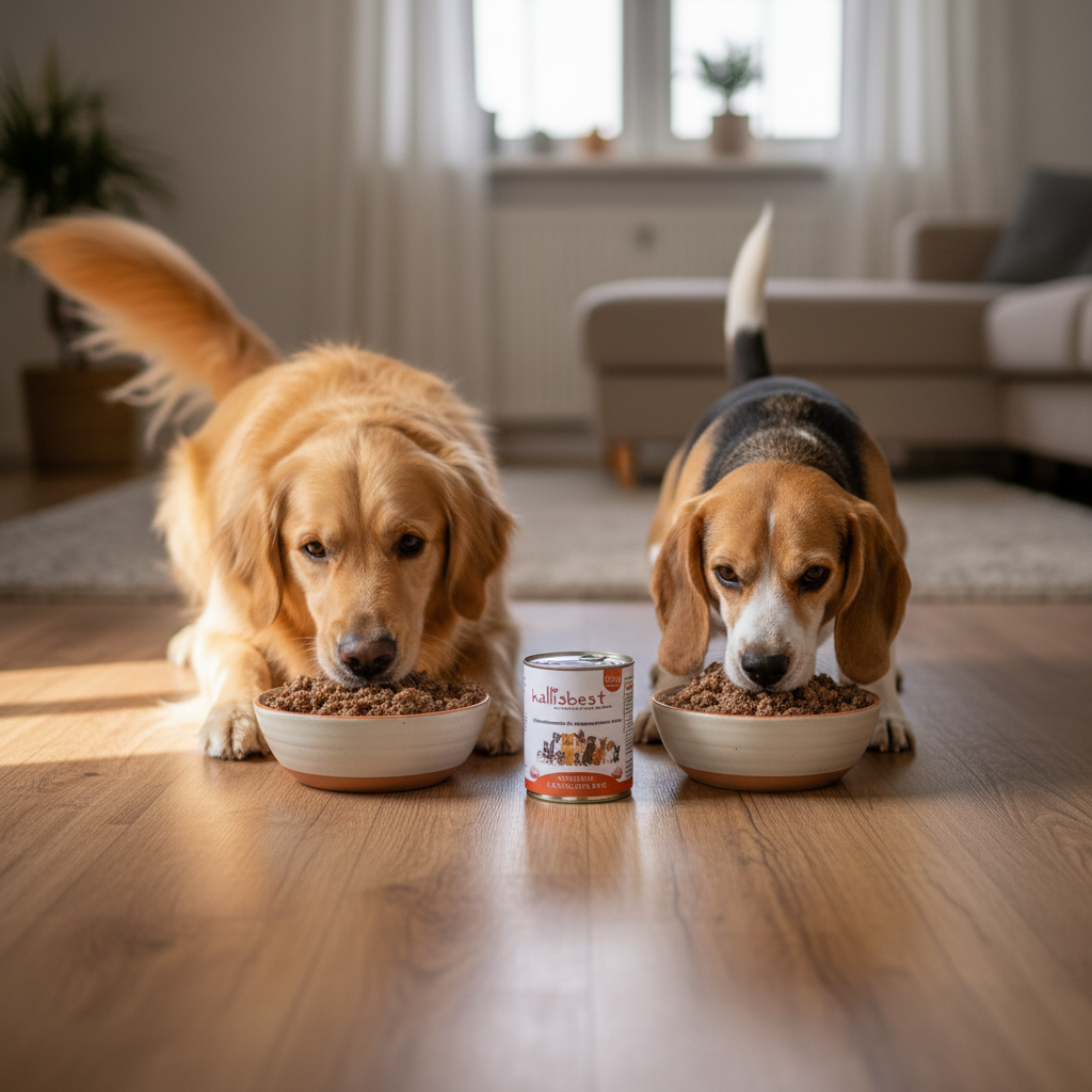 Hunde fressen genüsslich Kallisbest Kaninchen pur