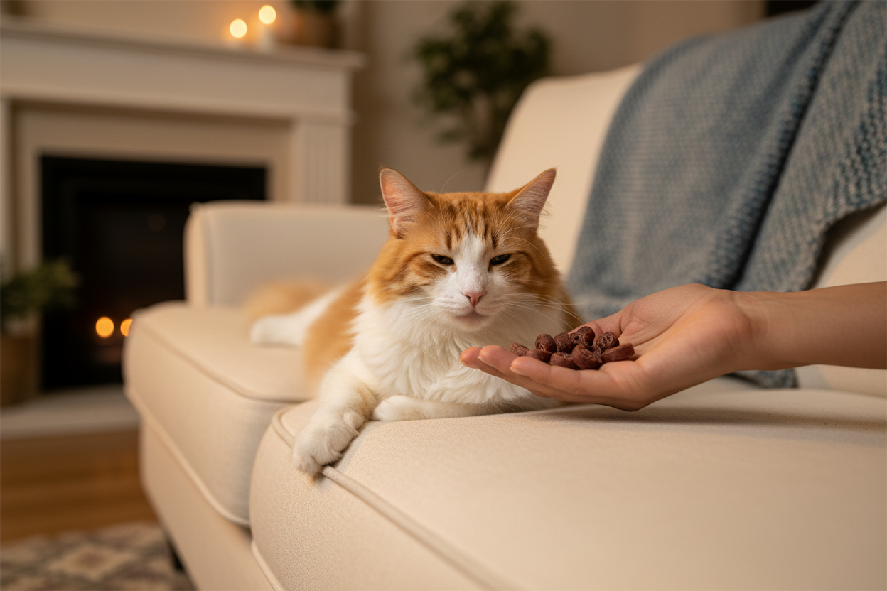 Katze bekommt Lammröllchen mit Kabeljau auf dem Sofa – Kallisbest