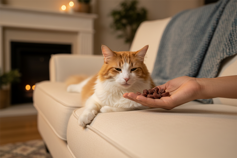 Katze bekommt Lammröllchen mit Kabeljau auf dem Sofa – Kallisbest