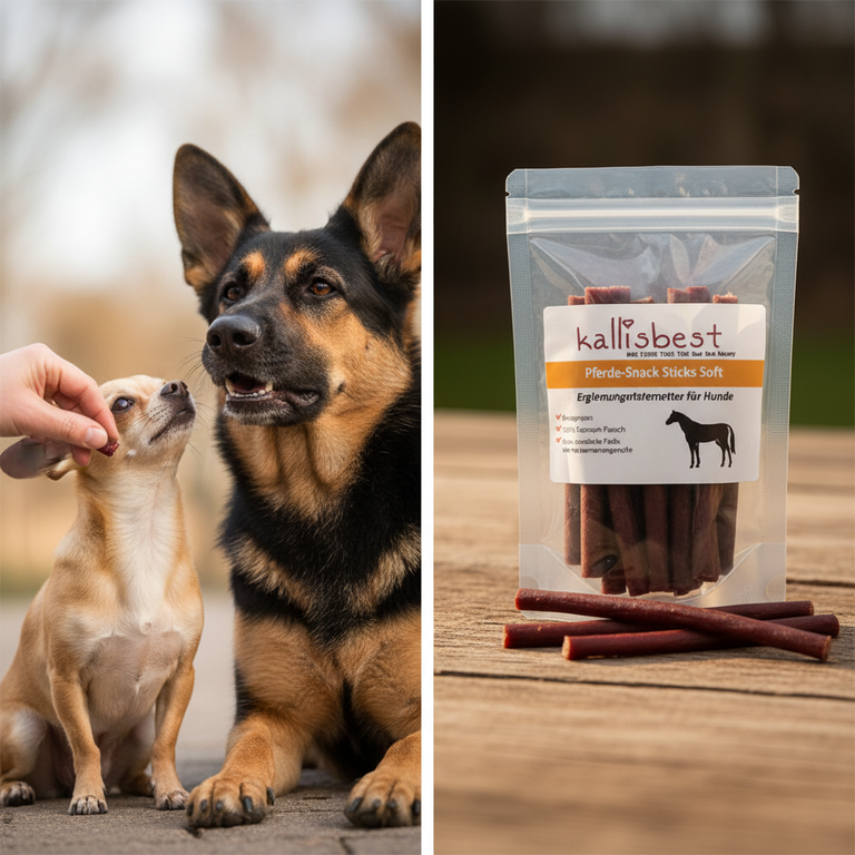 Pferdefleisch Sticks Soft – Chihuahua und Schäferhund mit Sticks auf Holz
