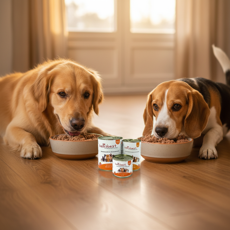 Hunde fressen genüsslich Kallisbest Sensible Huhn pur