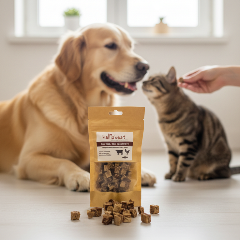 Rind-Huhn-Kabeljau Fleischwürfel – Verpackung vorne, Golden Retriever und Katze im Hintergrund