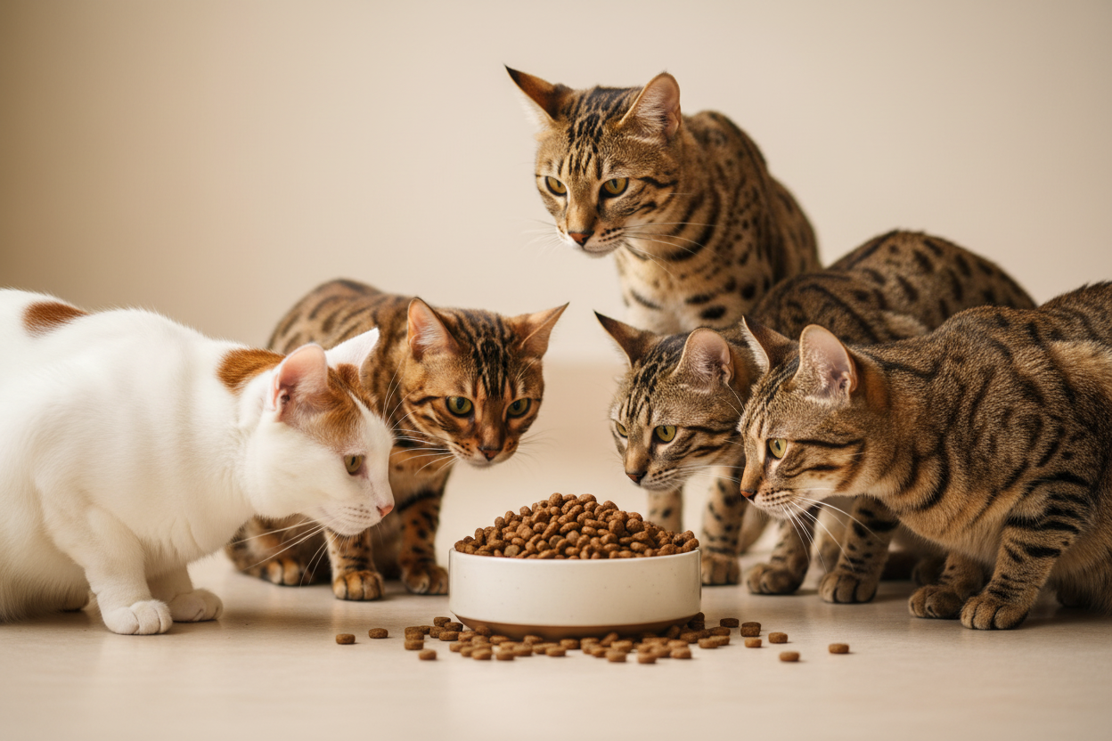 Huhn & Pute große Katzenrassen – Napf mit Bengalkatze, Savannah, Türkisch Van