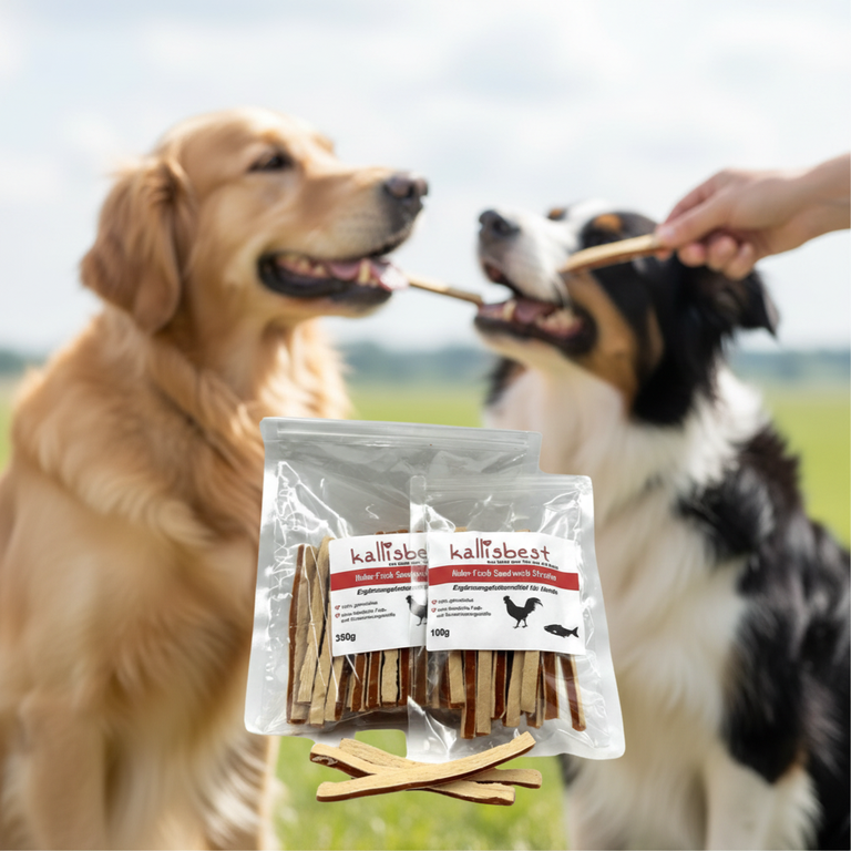 Huhn-Fisch Sandwich Streifen – Verpackung vorne, Golden Retriever und Border Collie