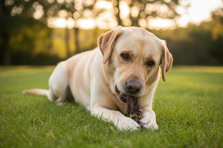 Labrador kaut Kallisbest Pferdeschweif liegend