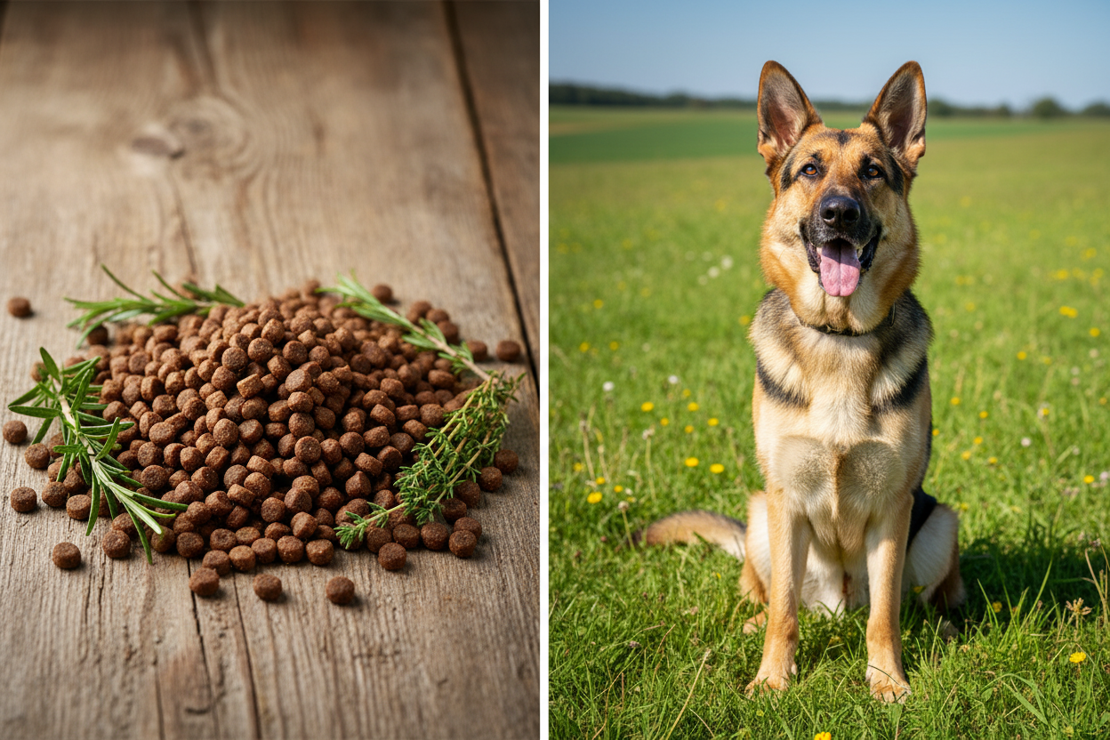 Kallisbest Fleischkönig Kroketten – Split-Bild mit Schäferhund