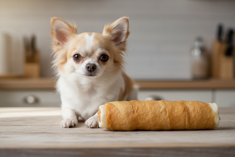 Chihuahua Größenvergleich Rolle im Hühnchenfleischmantel ca. 15 cm