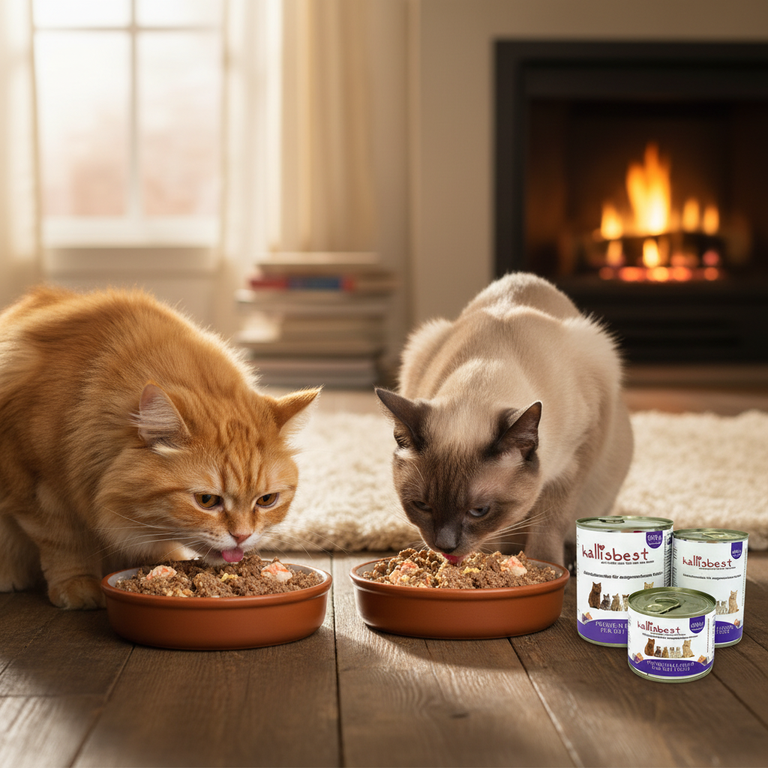 Katzen fressen genüsslich Kallisbest Premiumfleisch pur mit Fisch