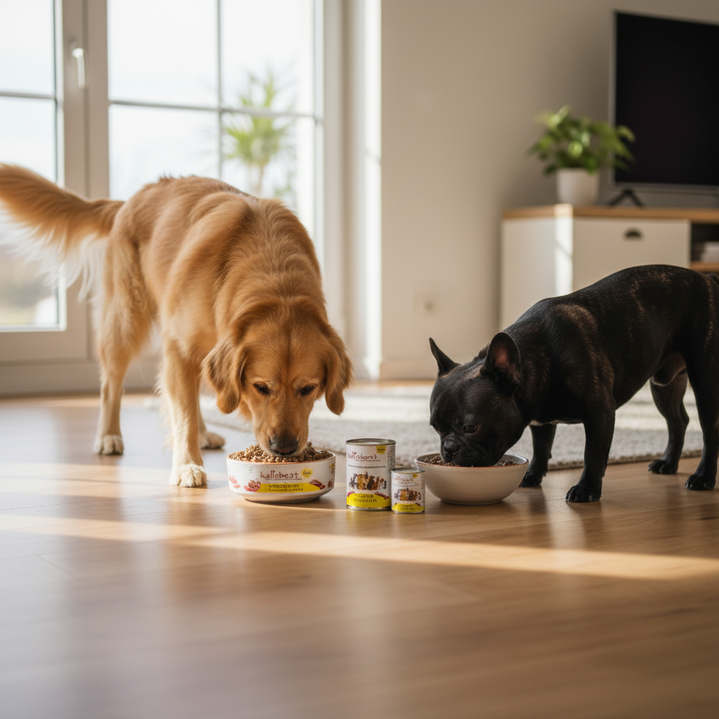 Hunde fressen genüsslich Kallisbest 5 Sorten Fleisch pur