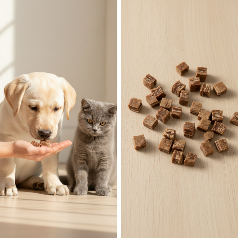 Ente-Huhn-Kabeljau Fleischwürfel – Labrador Welpe und BKH Kitten mit Würfeln auf Holz