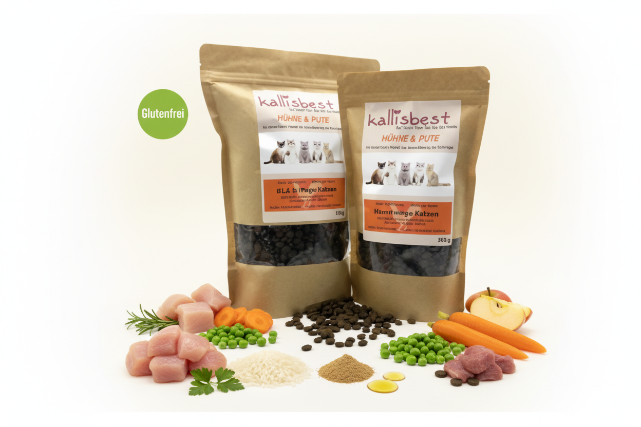 Huhn & Pute Katzenfutter Harnwege – Verpackung mit Zutaten und Glutenfrei-Badge links