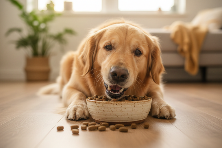 Golden Retriever frisst begeistert Kallisbest glutenfreies Trockenfutter aus Napf