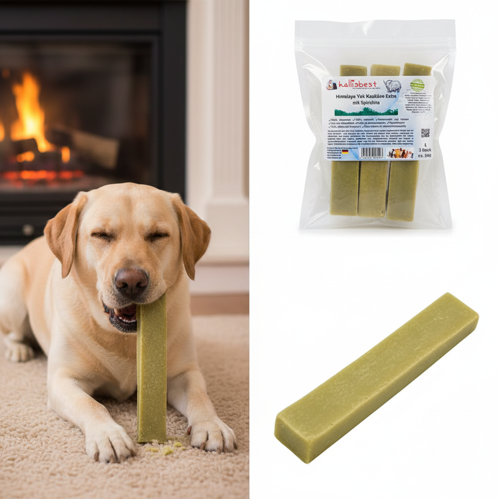 Himalaya Yak Kaukäse Spirulina – Hund frisst, Verpackung & loser Käse