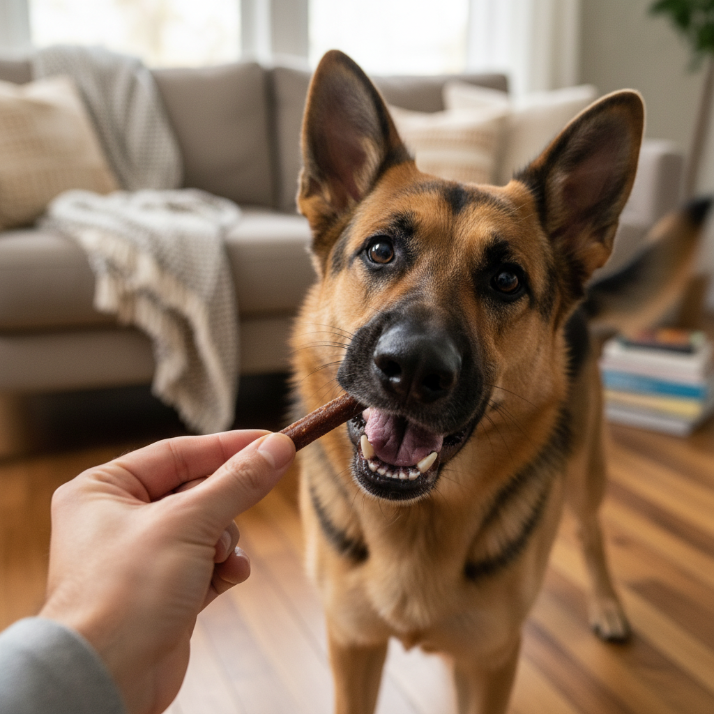 Hand füttert Schäferhund mit Fleischstick