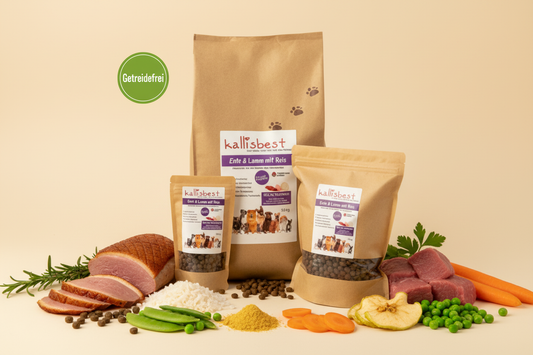 Ente & Lamm mit Reis mittlere Kroketten – Verpackung mit Zutaten und Getreidefrei-Badge