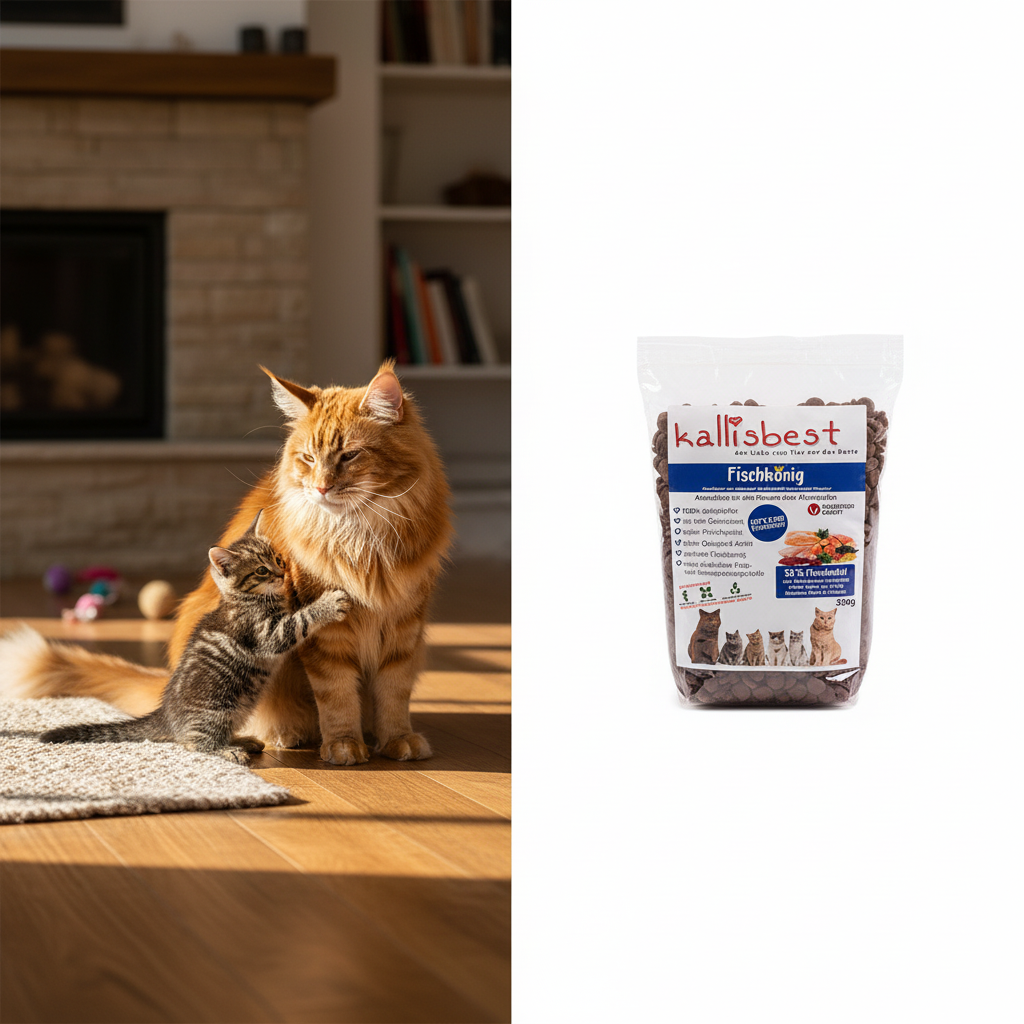 Fischkönig für Katzen – Maine Coon und Tabby Kitten mit Kallisbest Produktverpackung