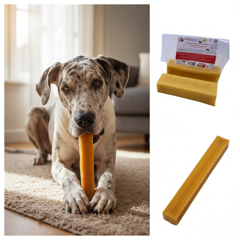 Himalaya Yak Kaukäse 3er Pack – Hund frisst, Verpackung & loser Käse