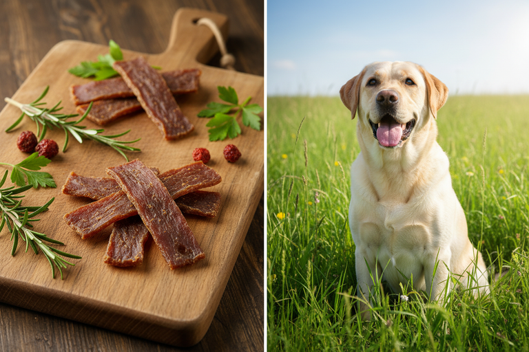 Kallisbest Kaninchen Filetstreifen – Split-Bild mit Labrador