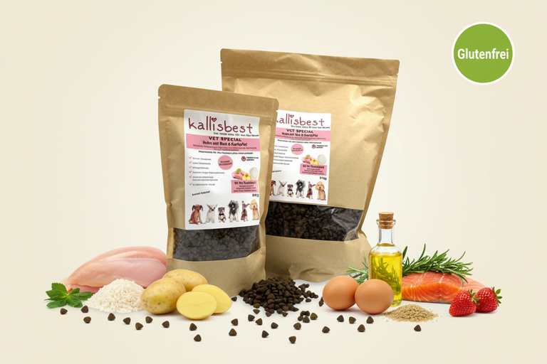 VET Spezial Huhn mit Reis & Kartoffel Mini Rassen – Verpackung mit Zutaten und Glutenfrei-Badge