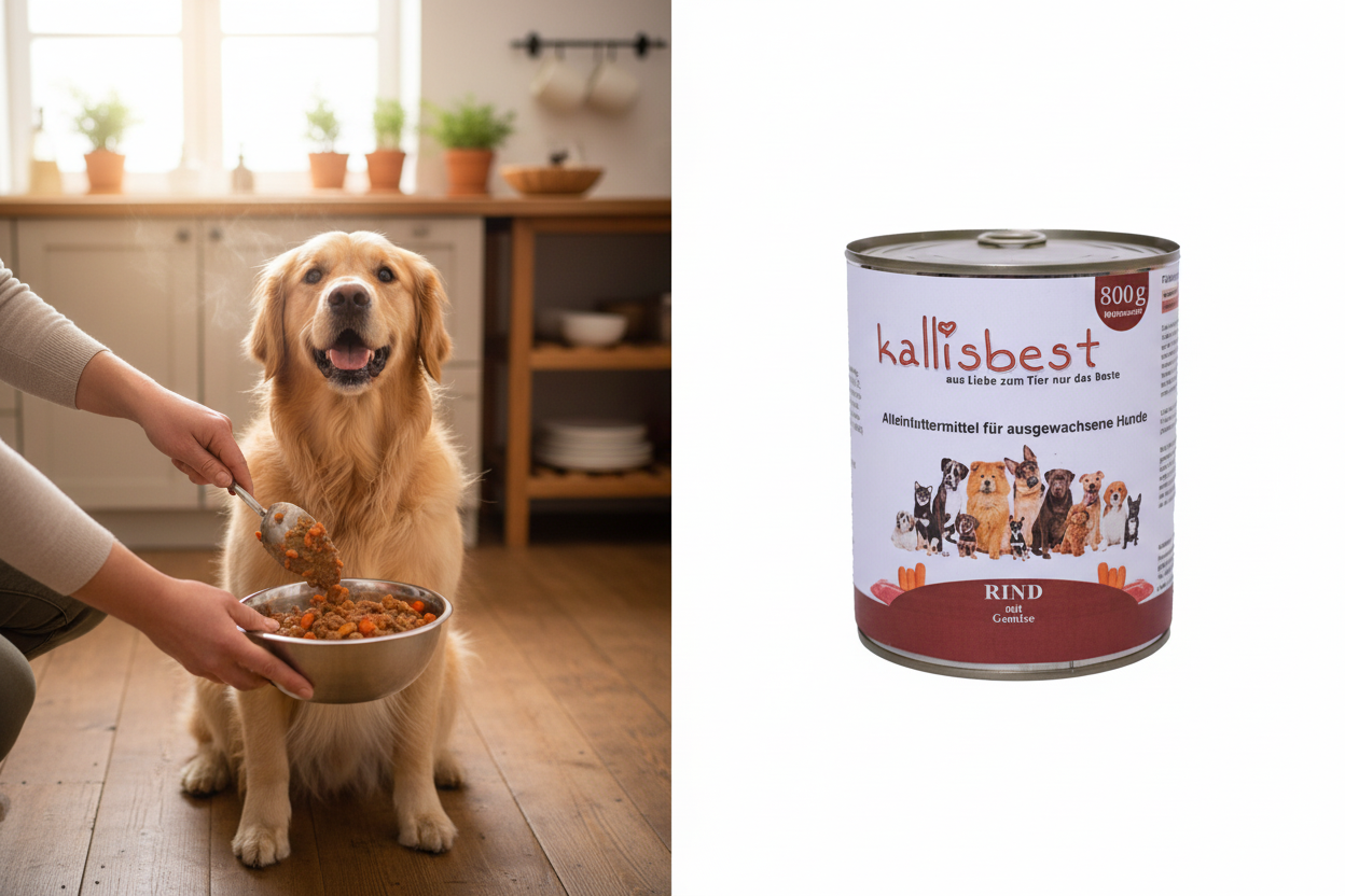 Rind mit Gemüse Nassfutter – Split Golden Retriever + Produktfoto
