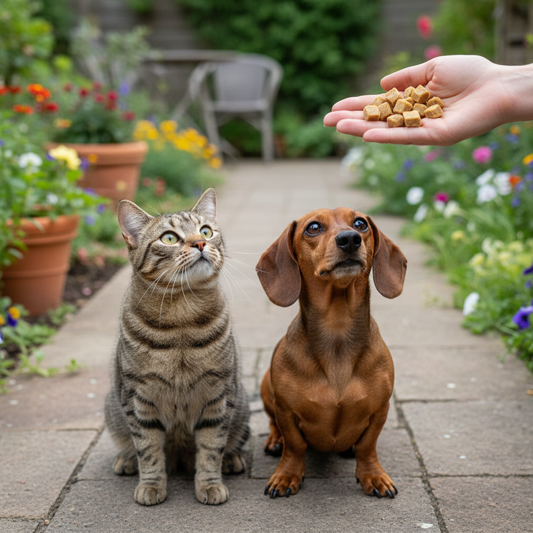 Katze und Hund bekommen Fleischwürfel im Garten