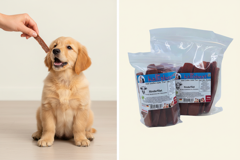 Golden Retriever Welpe bekommt Rinderfilet als Belohnung – Kallisbest