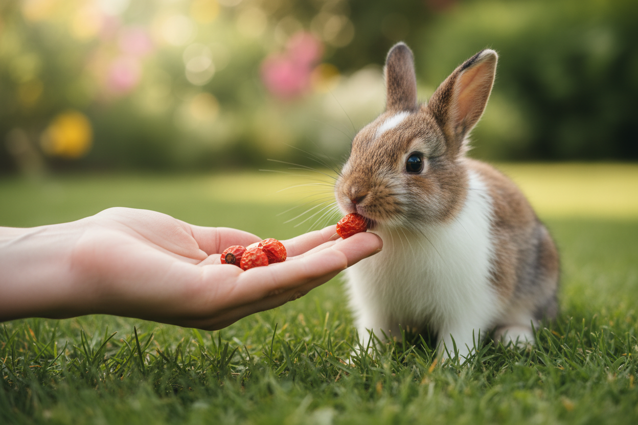 Kaninchen bekommt Hagebutten als Leckerli aus der Hand