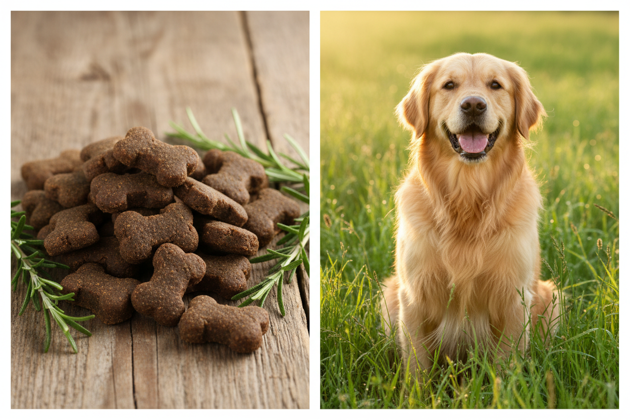 Kallisbest Huhn & Lamm Knochen gebacken – Split-Bild mit Golden Retriever