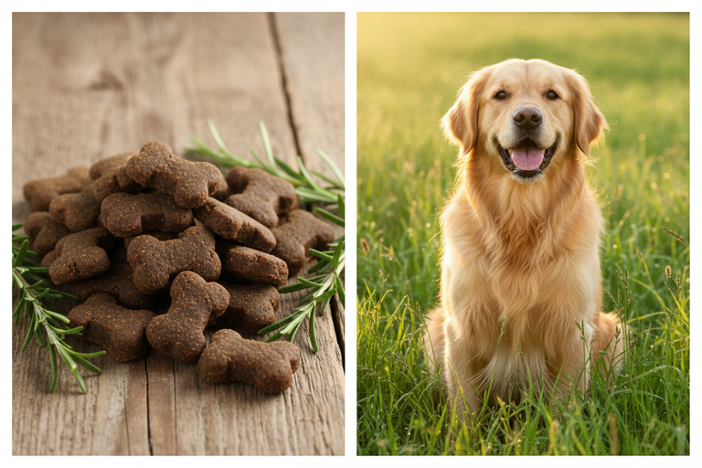 Kallisbest Huhn & Lamm Knochen gebacken – Split-Bild mit Golden Retriever