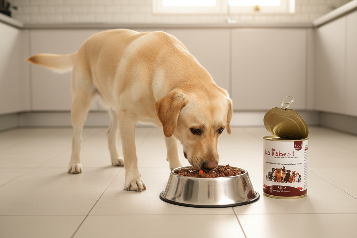 Labrador mit Napf – Rind mit Karotte Nassfutter