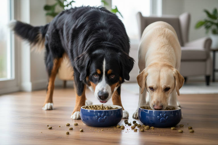 Berner Sennenhund und Labrador fressen begeistert Kallisbest große Kroketten aus Napf