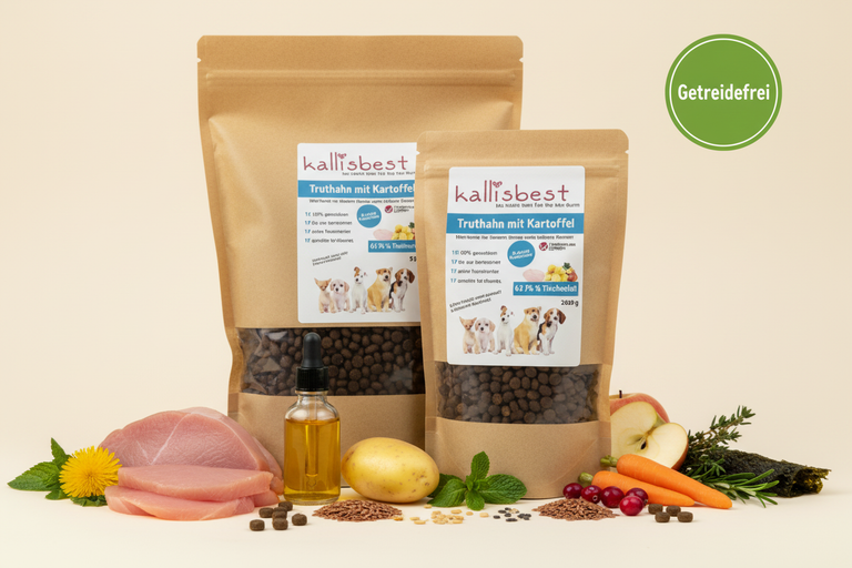 Truthahn mit Kartoffel Welpen-Kroketten – Verpackung mit Zutaten und Getreidefrei-Badge