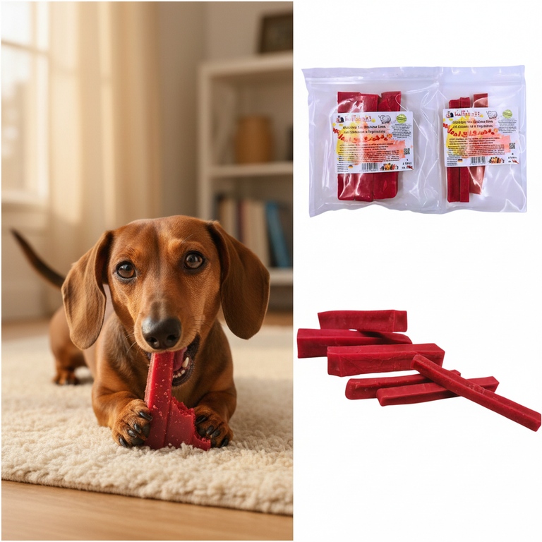 Himalaya Yak Kaukäse Erdbeeren & Tryptophan – Hund frisst, Verpackung & loser Käse