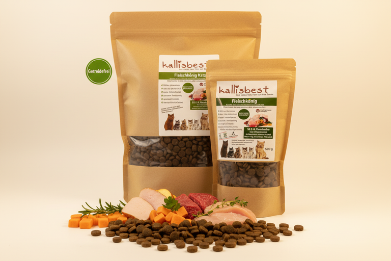 Fleischkönig mittlere Kroketten Katze – Verpackung mit Zutaten und Getreidefrei-Badge links