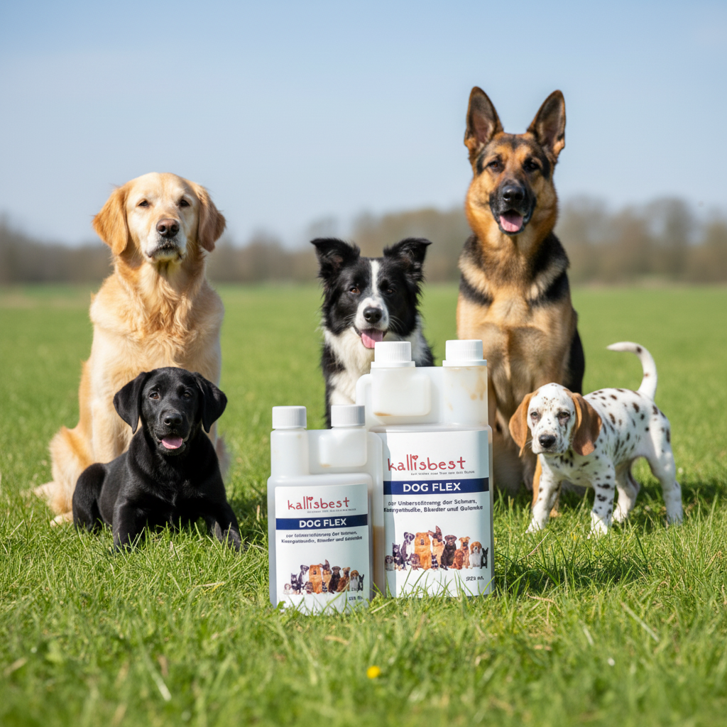 Dog Flex – Hundegruppe verschiedener Altersgruppen rund um die Kallisbest Flaschen
