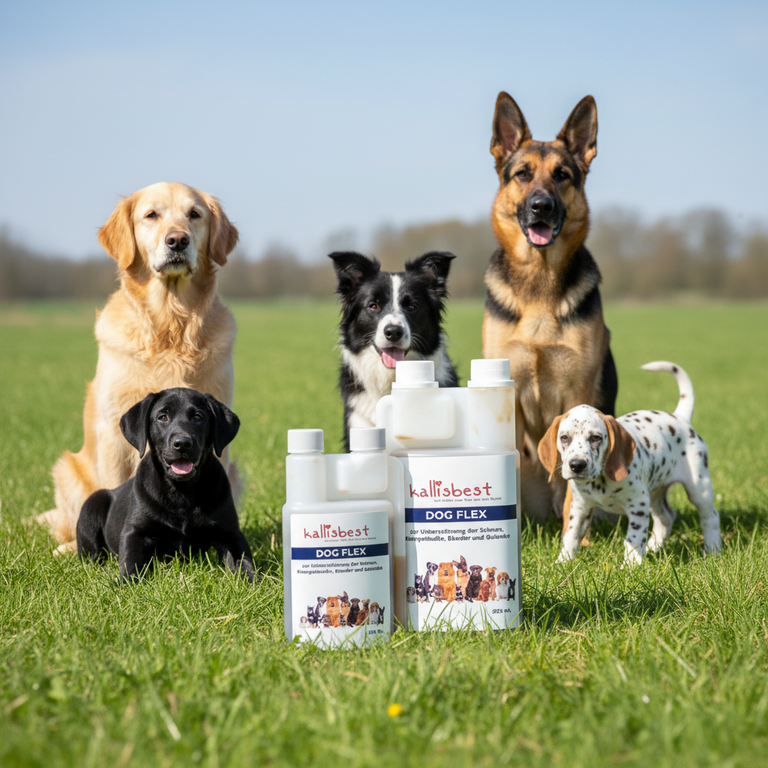 Dog Flex – Hundegruppe verschiedener Altersgruppen rund um die Kallisbest Flaschen
