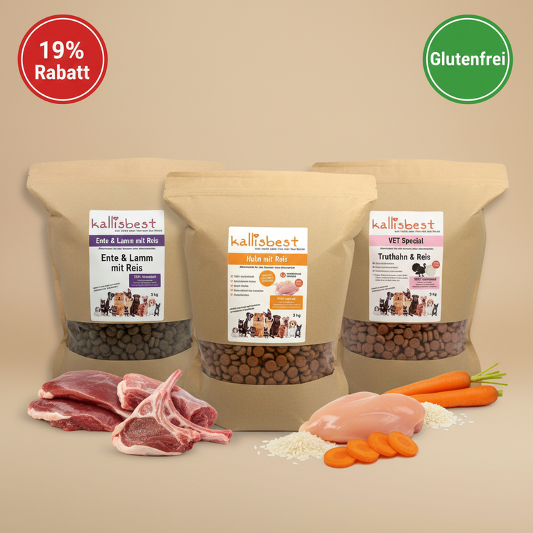 Abwechslung Paket Nr.11 – Ente & Lamm, Huhn mit Reis & Vet Spezial je 3kg – alle Säcke gleich groß – Kallisbest