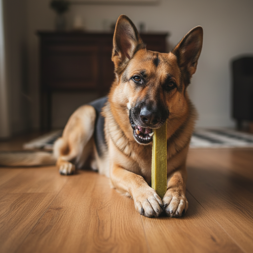 Deutscher Schäferhund frisst Himalaya Yak Kaukäse mit Spirulina