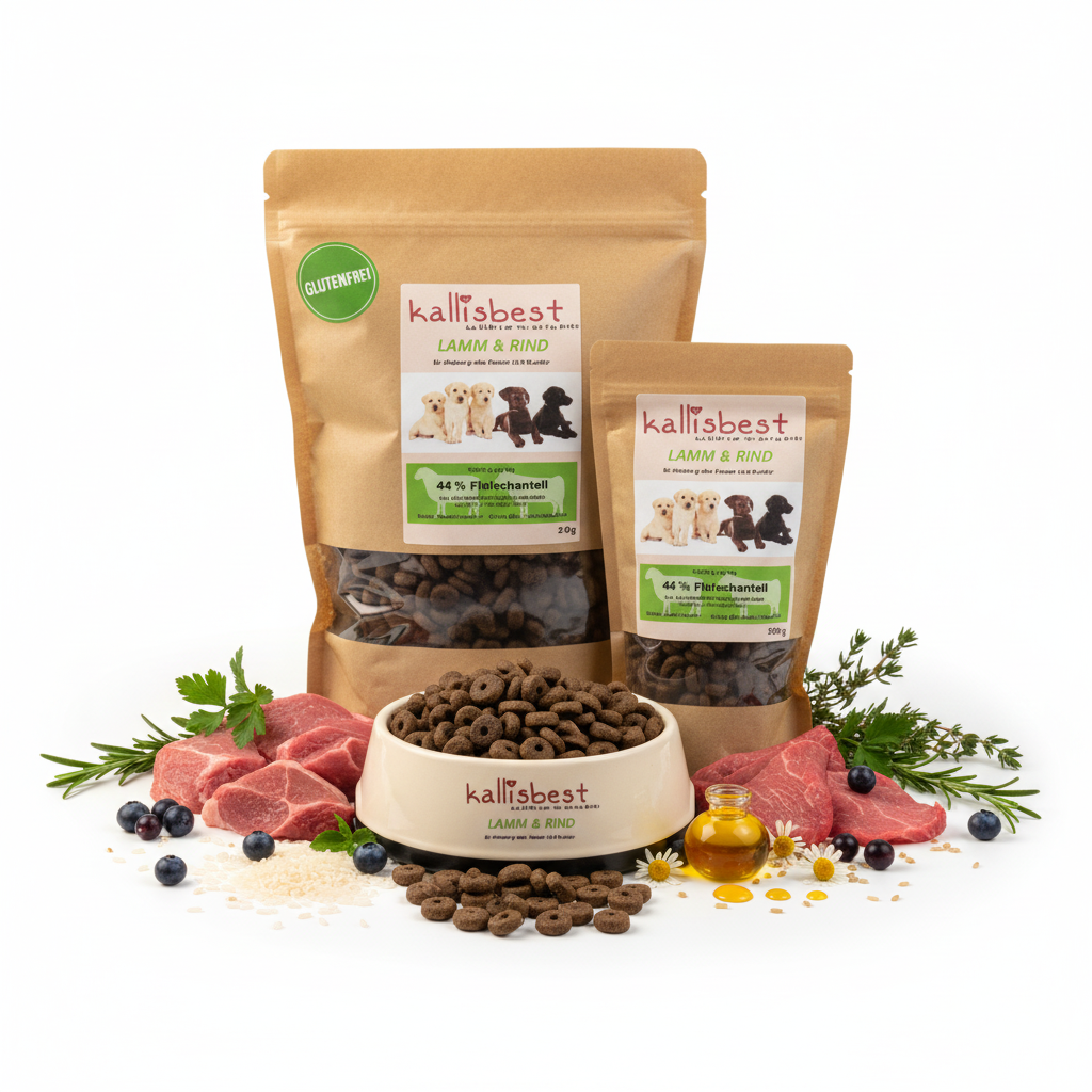 Lamm & Rind für Welpen – Verpackung mit Napf, Glutenfrei-Badge und natürlichen Zutaten - Kallisbest