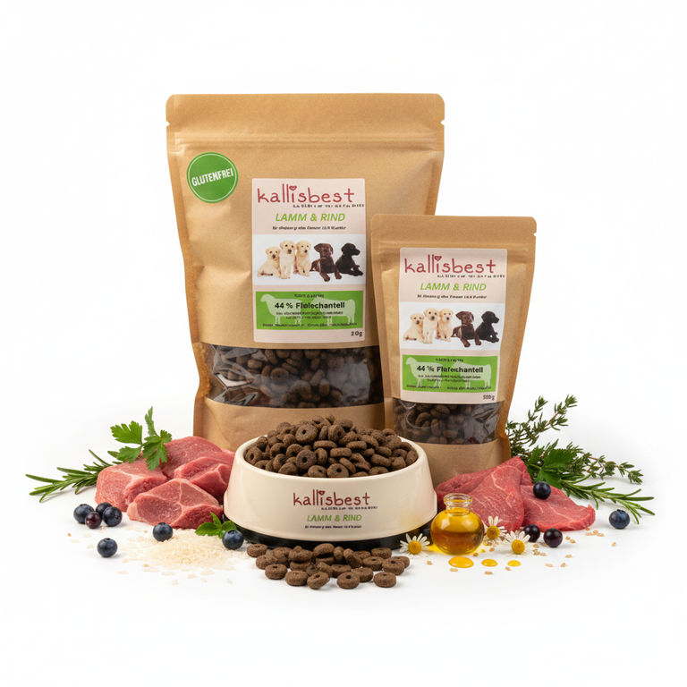Lamm & Rind für Welpen – Verpackung mit Napf, Glutenfrei-Badge und natürlichen Zutaten - Kallisbest
