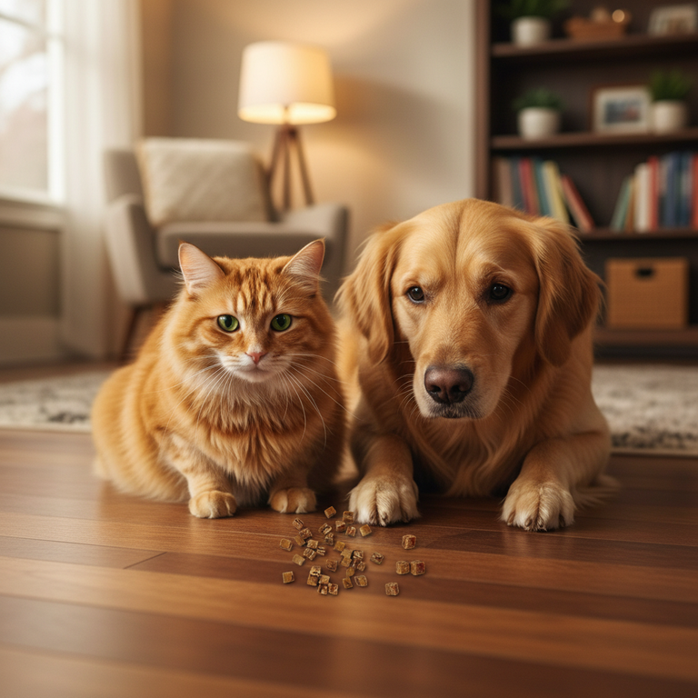 Katze und Hund warten auf Fleischwürfel Mix