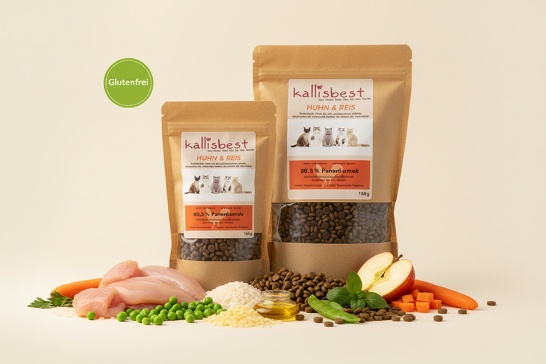 Huhn & Reis Trockenfutter kastrierte Katzen – Verpackung mit Zutaten und Glutenfrei-Badge links