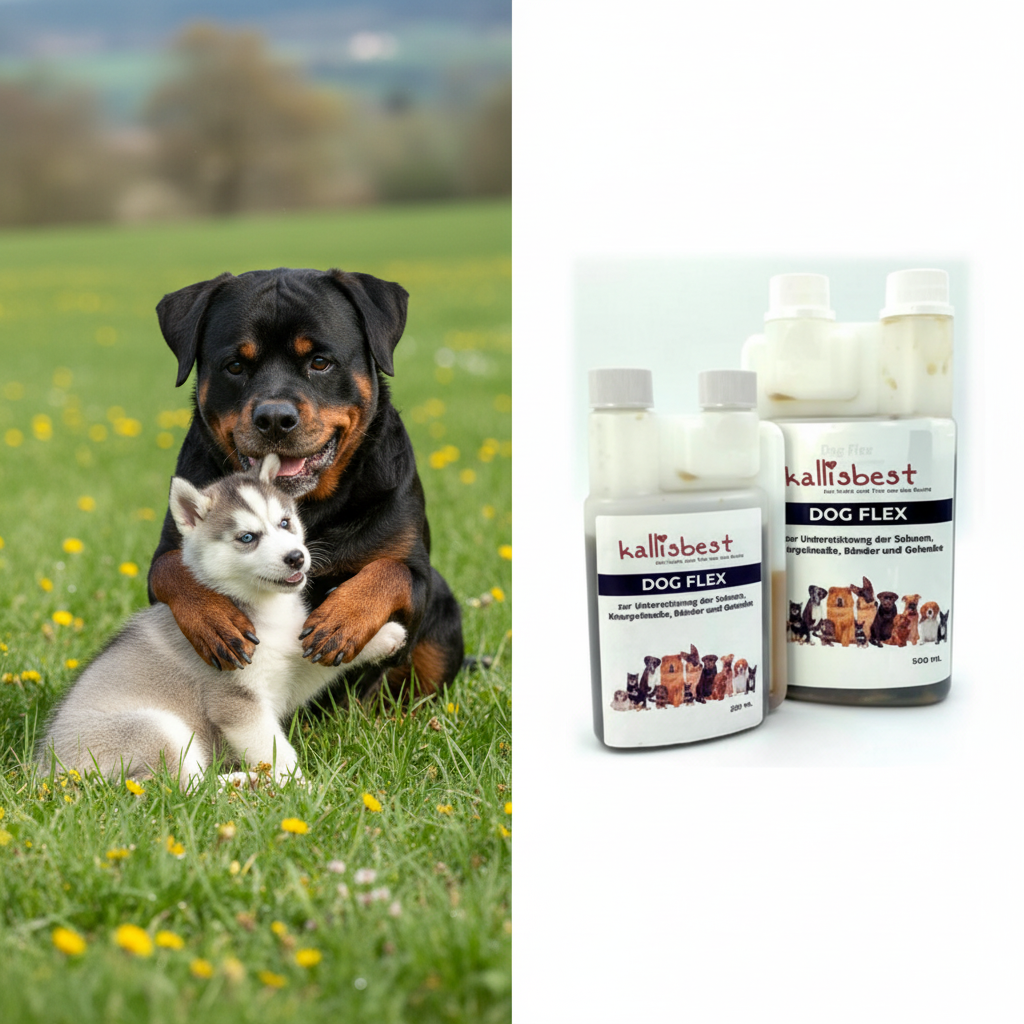Dog Flex – Senior Rottweiler und Husky Welpe mit Kallisbest Produktflaschen